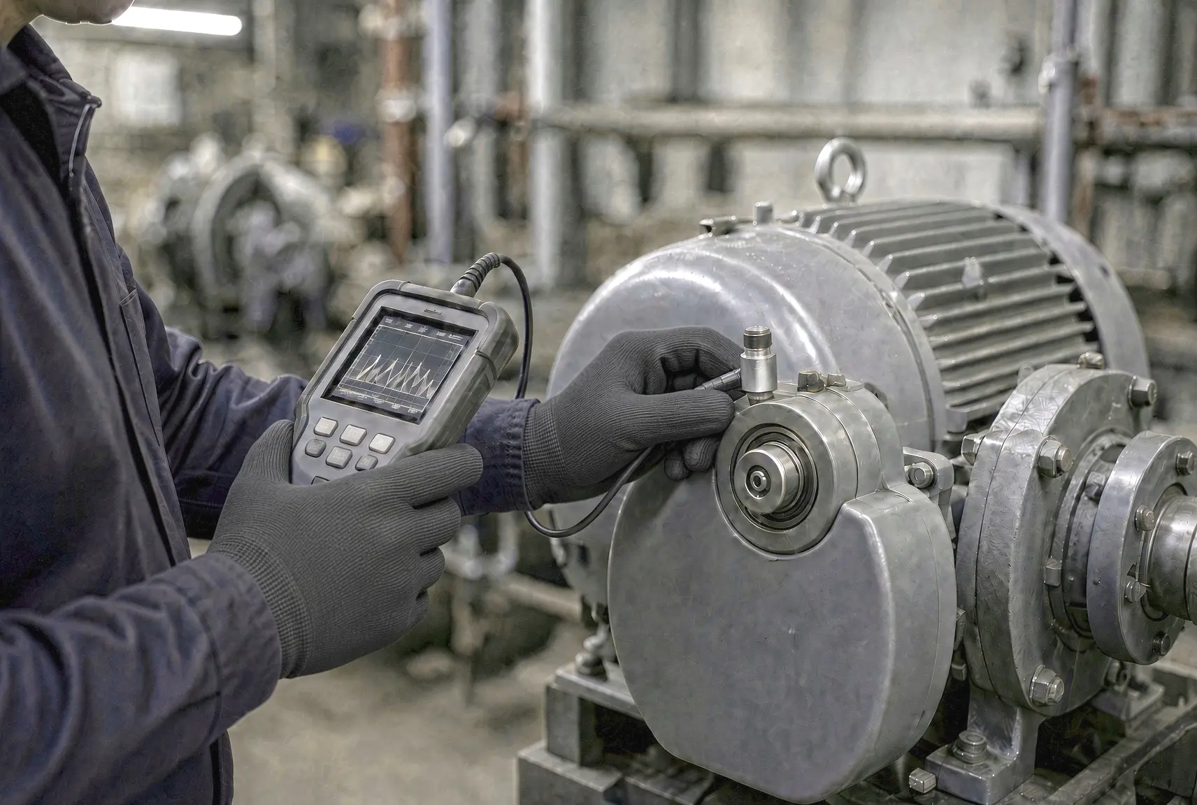 Técnico midiendo vibraciones con analizador portátil sobre un motor o bomba en planta